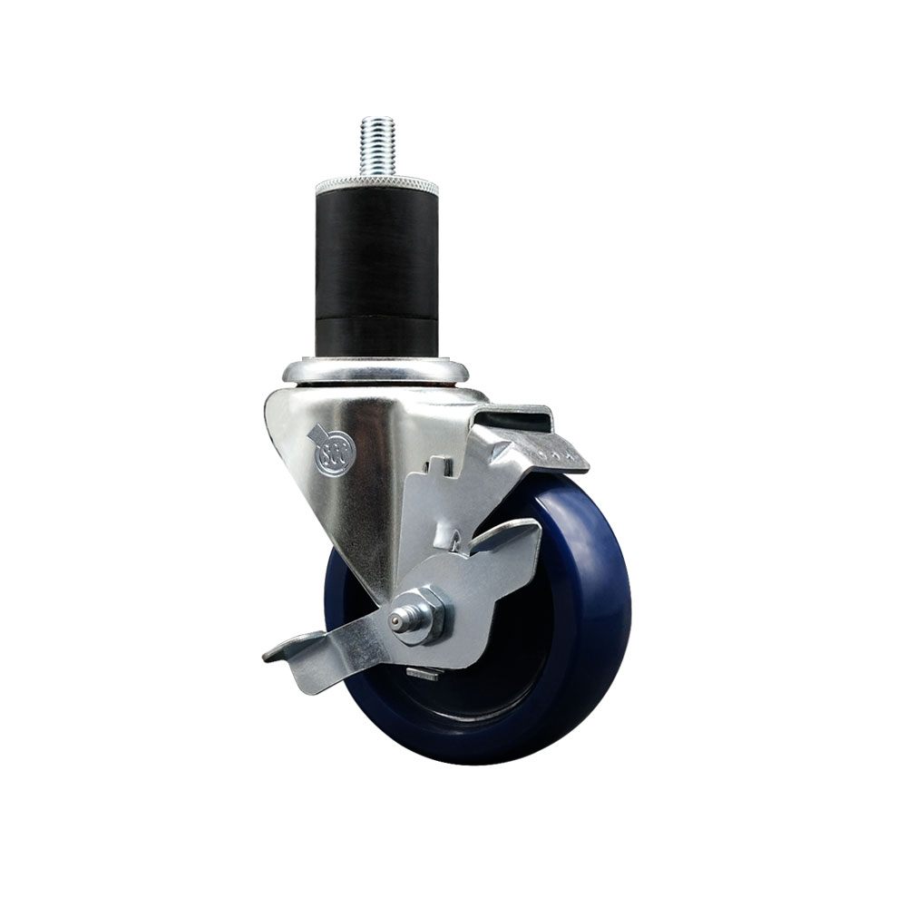 Stainless Steel Solid Polyurethane Expanding Stem Swivel Caster with 3.5 in. Blue Wheel & 1.75 in. Stem & Top Locking Brake