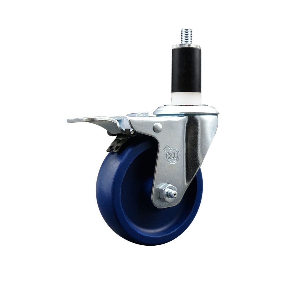 Stainless Steel Solid Polyurethane Expanding Stem Swivel Caster with 4 in. Blue Wheel & 1.38 in. Stem & Total Locking Brake
