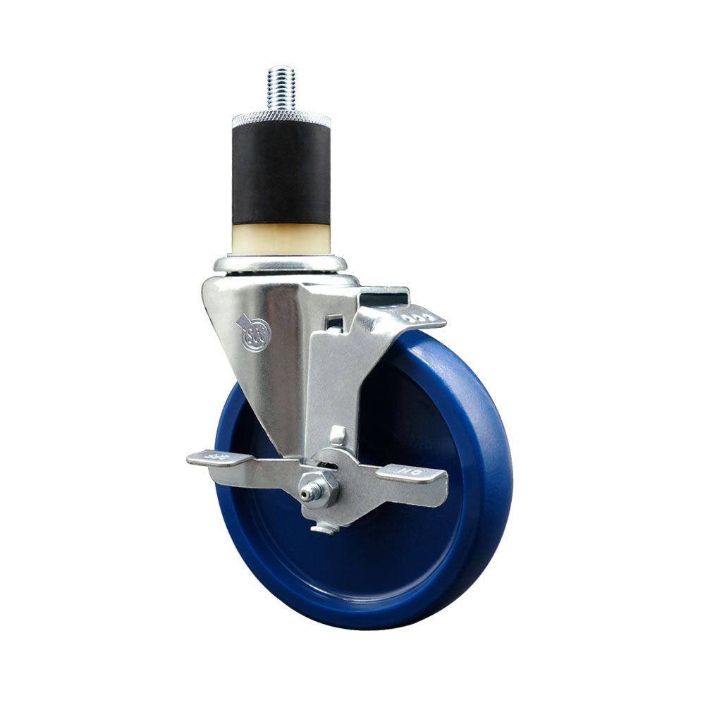 SCC-SSEX20S514-SPUS-TLB-178 Stainless Steel Solid Polyurethane Expanding Stem Swivel Caster with 5 in. Blue Wheel & 1.87 in. Stem & Top Locking Brake