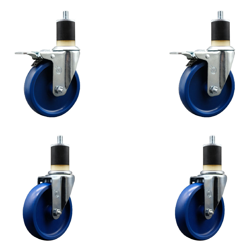 Stainless Steel Solid Polyurethane Swivel Expanding Stem Caster with 5 in. Blue Wheels & 1.87 in. Stems 2 with Total Locking Brakes - Set of 4
