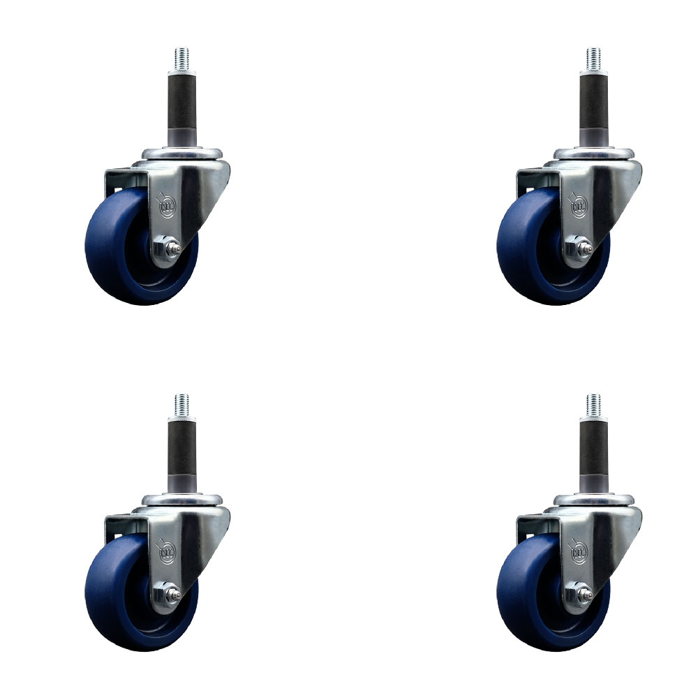 SCC-SSEX20S314-SPUS-1-4 Stainless Steel Solid Polyurethane Swivel Expanding Stem Caster with 3 in. Blue Wheels & 1 in. Stems - Set of 4