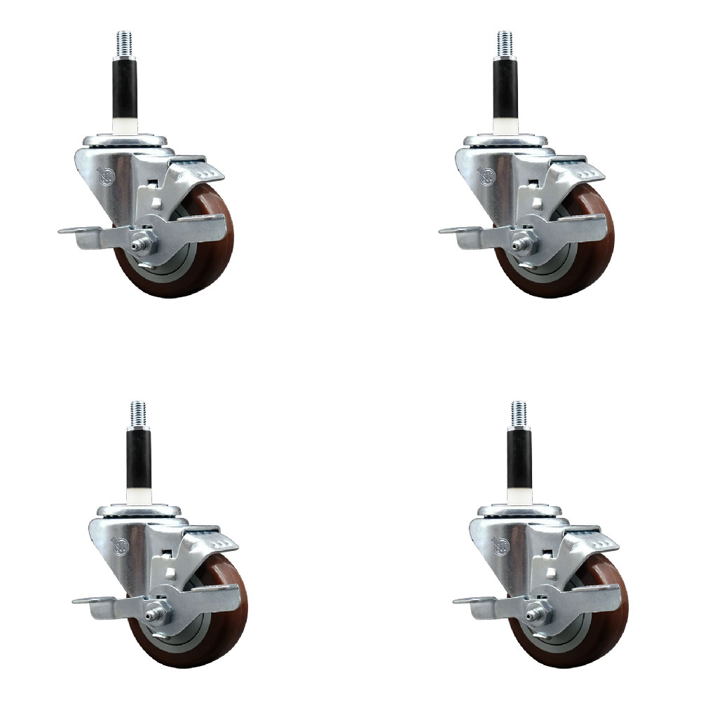 Stainless Steel Polyurethane Swivel Expanding Stem Caster with 3 in. Maroon Wheels & 0.87 in. Stems 4 Swivel with Top Locking Brakes - Set of 4