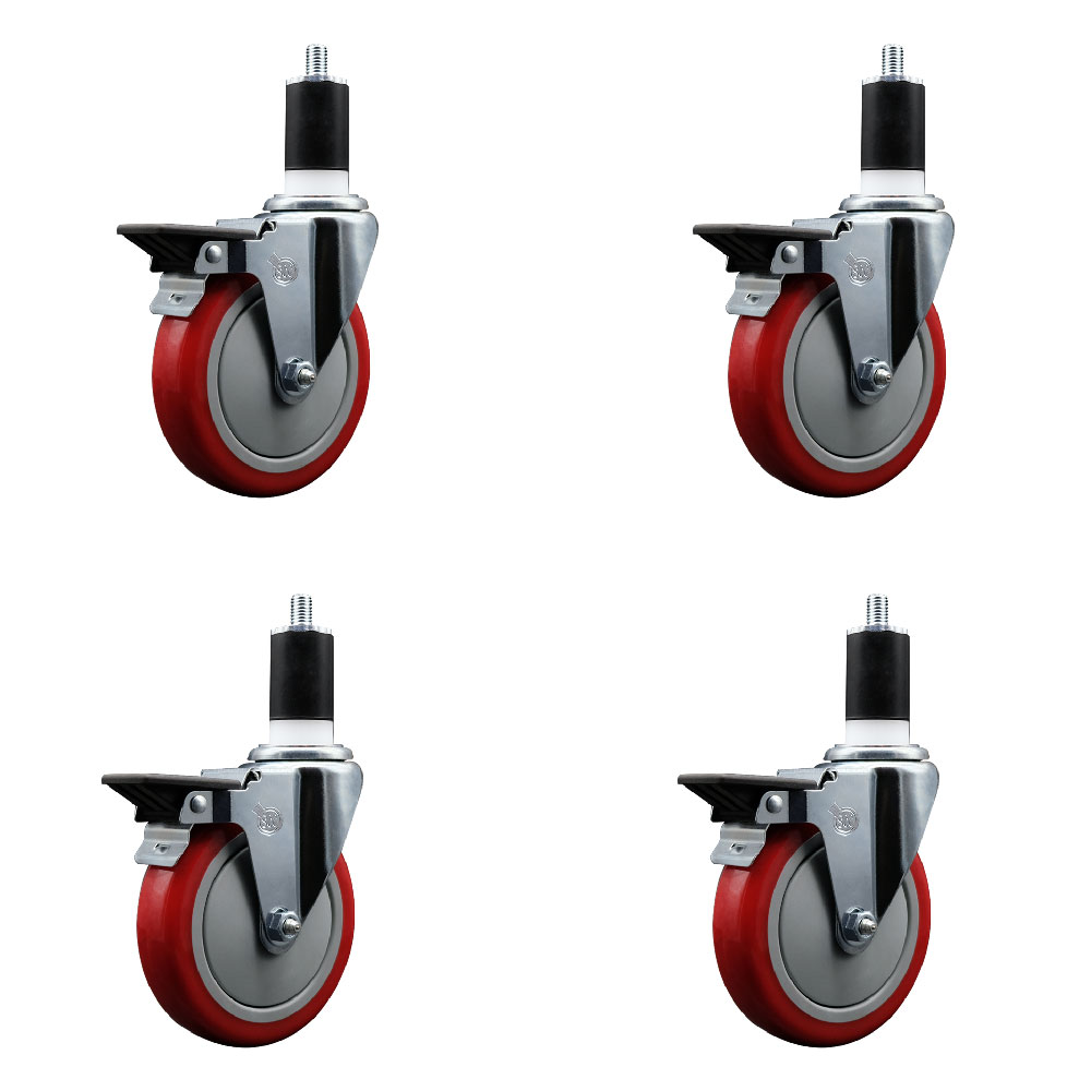 SCC-EX20S514-PPUB-RED-PLB-112-4 Polyurethane Swivel Expanding Stem Caster with 5 in. Red Wheels & 1.5 in. Stems - Set of 4
