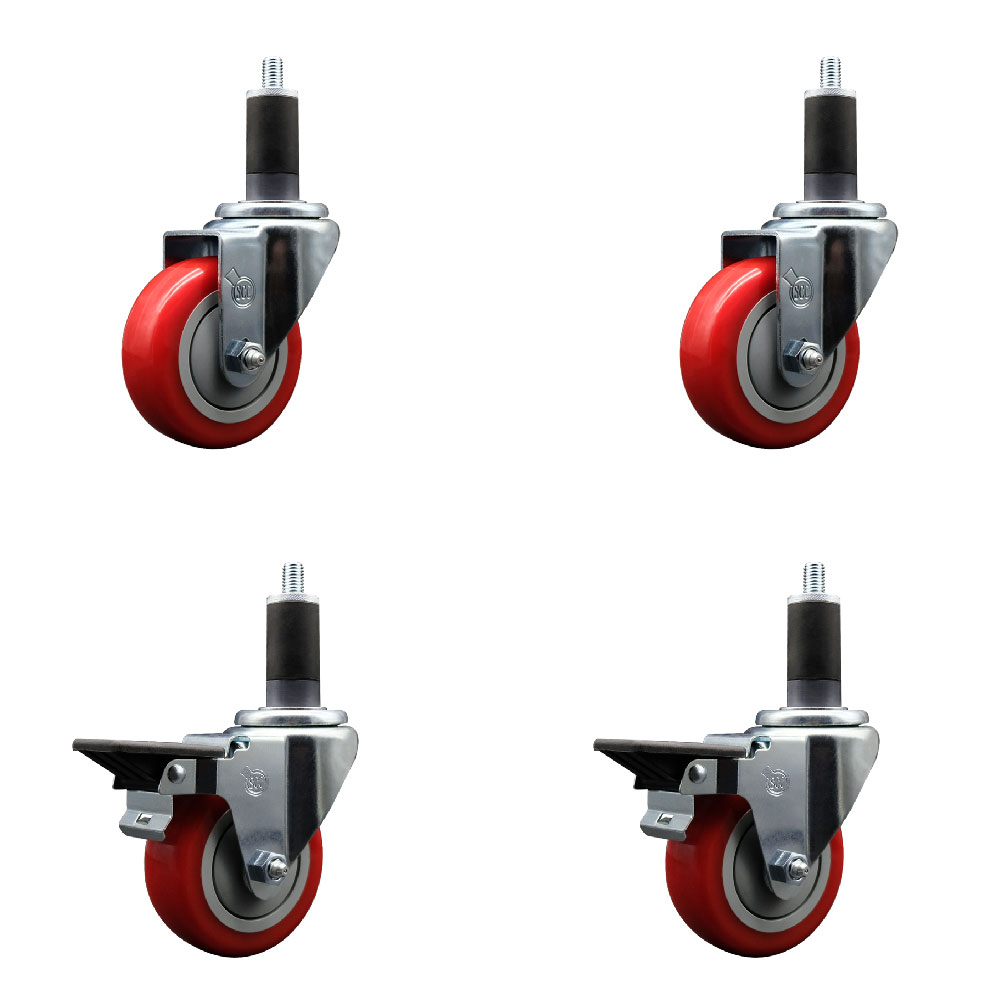 SCC-EX20S3514-PPUB-RED-2-PLB-2-114 Polyurethane Swivel Expanding Stem Caster with 3.5 in. Red Wheels & 1.25 in. Stems - Set of 4