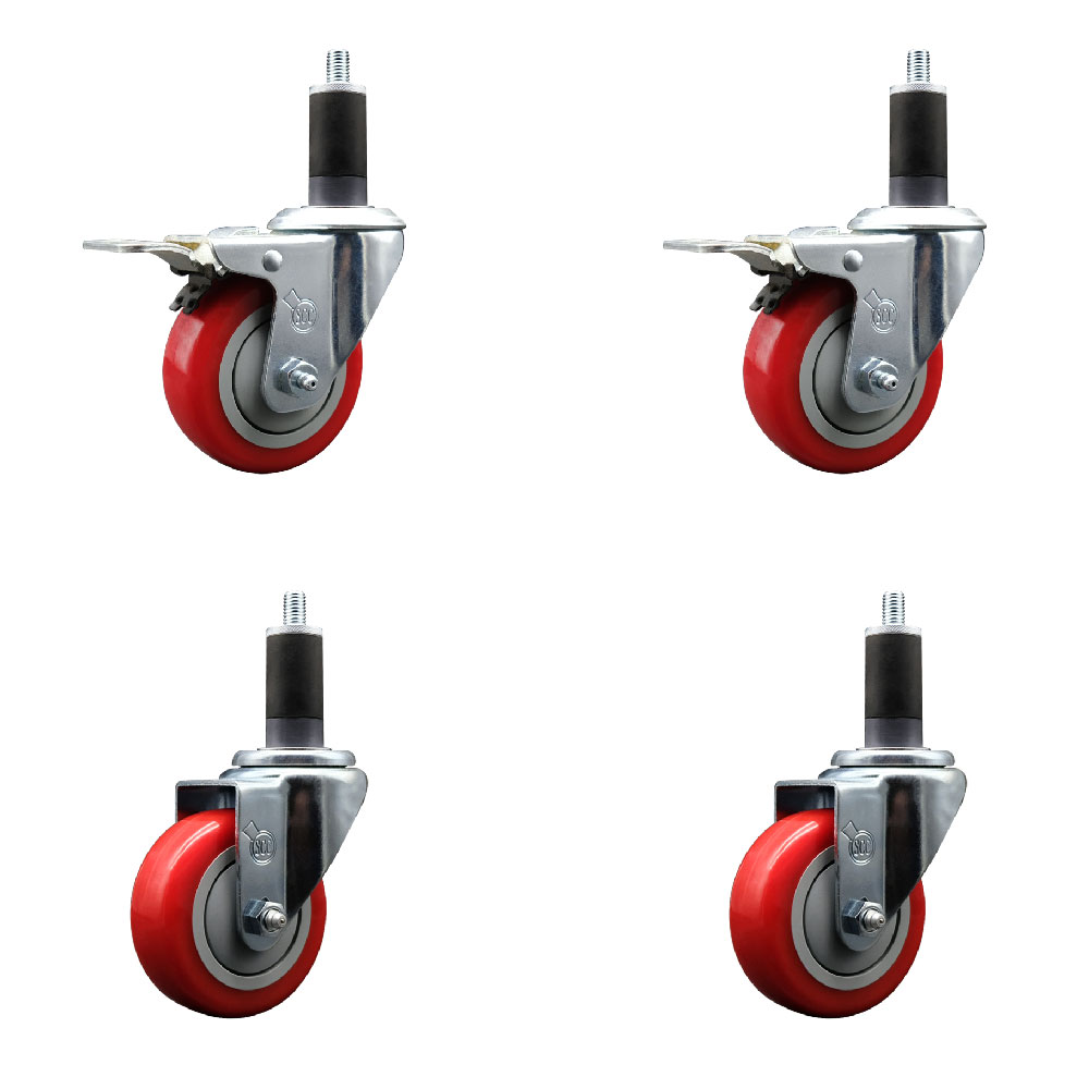SCC-EXTTL20S3514-PPUB-RED-2-S-2-114 Polyurethane Swivel Expanding Stem Caster with 3.5 in. Red Wheels & 1.25 in. Stems - Set of 4