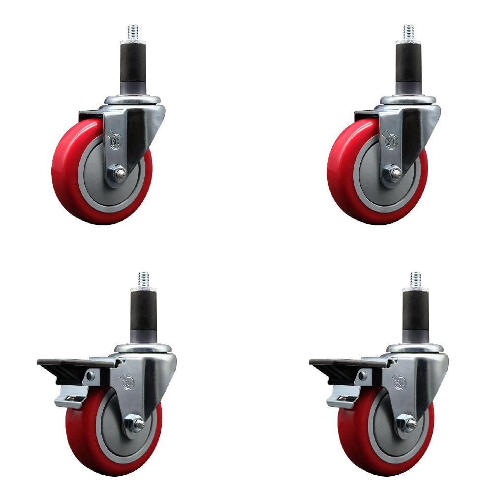 SCC-EX20S414-PPUB-RED-2-PLB-2-114 Polyurethane Swivel Expanding Stem Caster with 4 in. Red Wheels & 1.25 in. Stems - Set of 4
