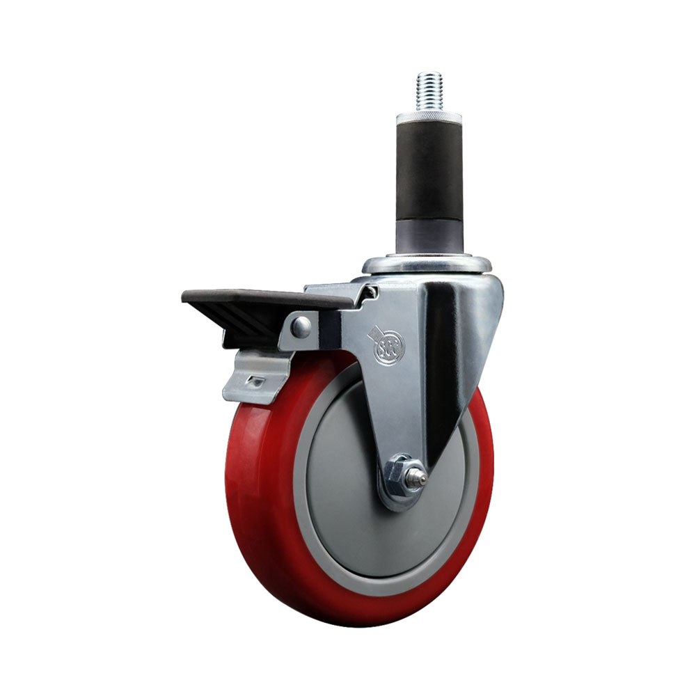 SCC-EX20S514-PPUB-RED-PLB-114 Polyurethane Expanding Stem Swivel Caster with 5 in. Red Wheel & 1.25 in. Stem & Posi Locking Brake