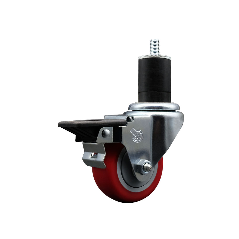 SCC-EX20S314-PPUB-RED-PLB-134 Polyurethane Expanding Stem Swivel Caster with 3 in. Red Wheel & 1.75 in. Stem & Posi Locking Brake