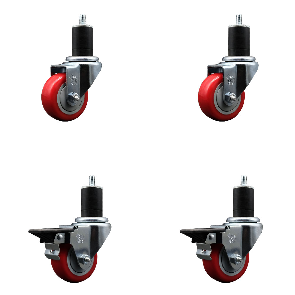 SCC-EX20S314-PPUB-RED-2-PLB-2-134 Polyurethane Swivel Expanding Stem Caster with 3 in. Red Wheels & 1.75 in. Stems - Set of 4