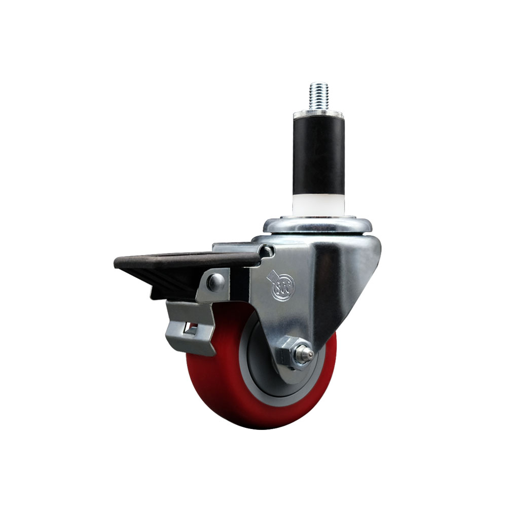 SCC-EX20S314-PPUB-RED-PLB-138 Polyurethane Expanding Stem Swivel Caster with 3 in. Red Wheel & 1.38 in. Stem & Posi Locking Brake