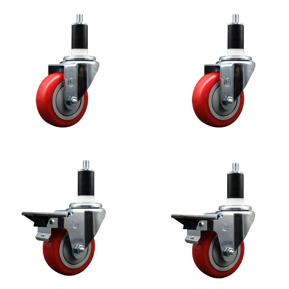 SCC-EX20S3514-PPUB-RED-2-PLB-2-138 Polyurethane Swivel Expanding Stem Caster with 3.5 in. Red Wheels & 1.38 in. Stems - Set of 4