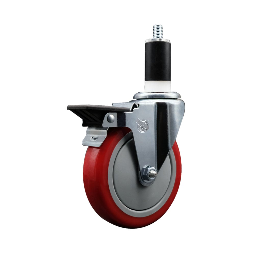 SCC-EX20S514-PPUB-RED-PLB-138 Polyurethane Expanding Stem Swivel Caster with 5 in. Red Wheel & 1.38 in. Stem & Posi Locking Brake