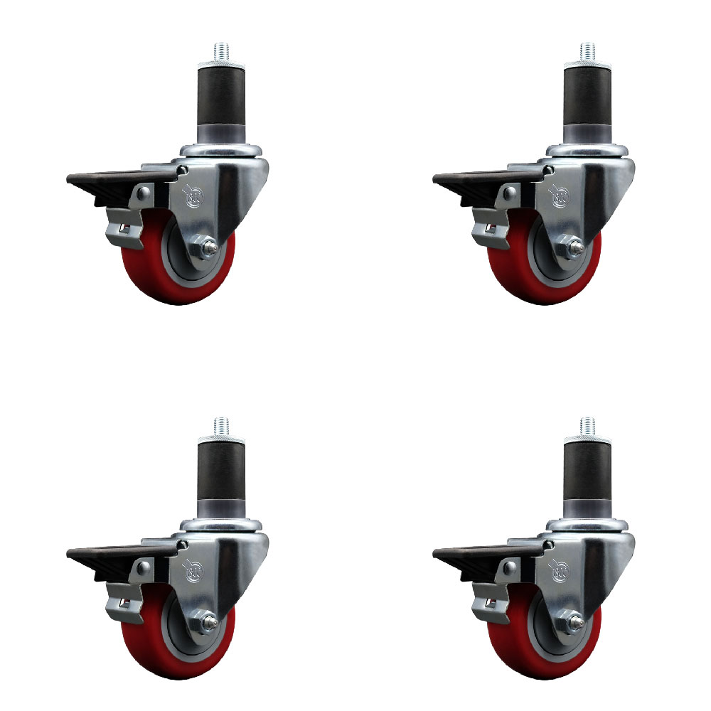 SCC-EX20S314-PPUB-RED-PLB-158-4 Polyurethane Swivel Expanding Stem Caster with 3 in. Red Wheels & 1.63 in. Stems - Set of 4