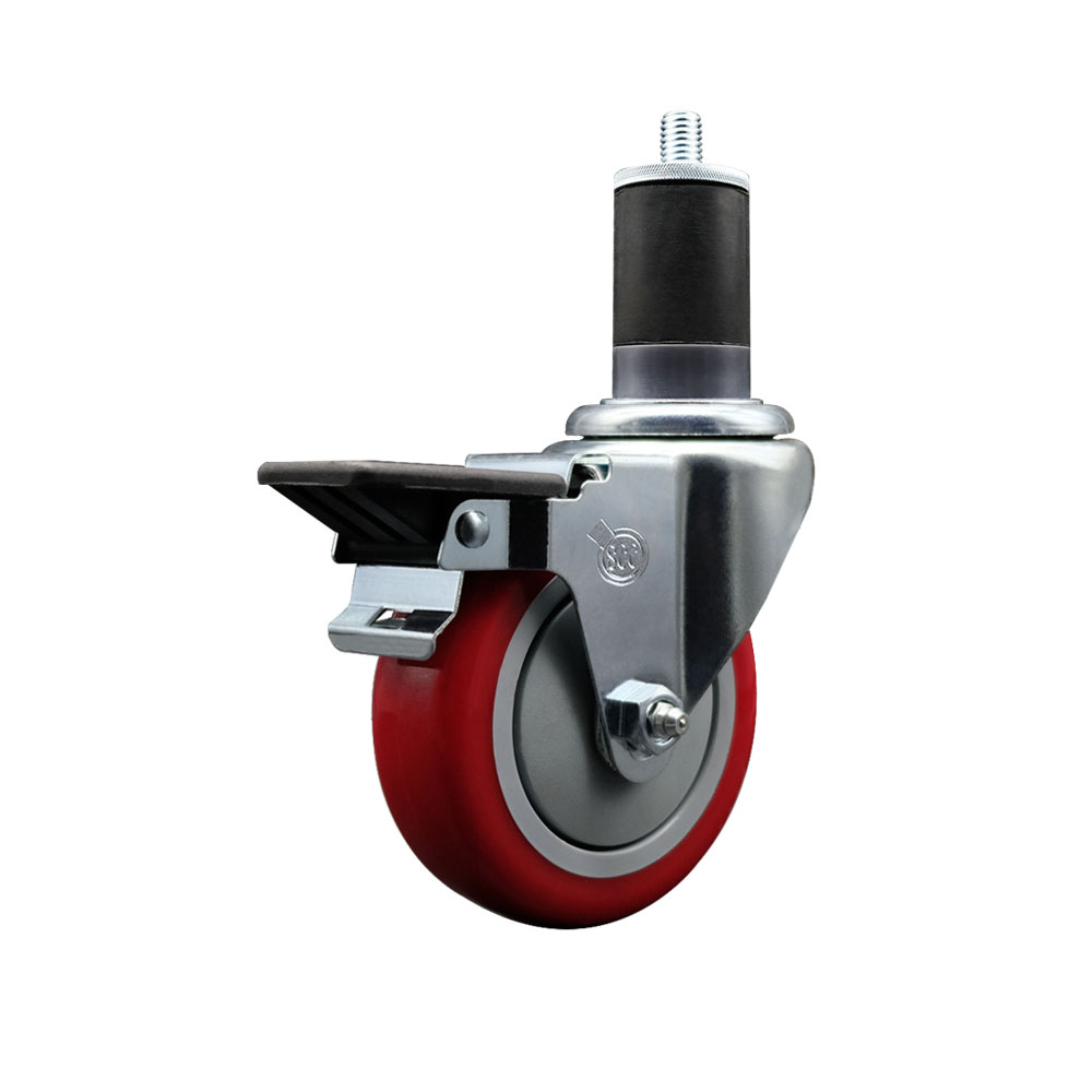 SCC-EX20S414-PPUB-RED-PLB-158 Polyurethane Expanding Stem Swivel Caster with 4 in. Red Wheel & 1.63 in. Stem & Posi Locking Brake