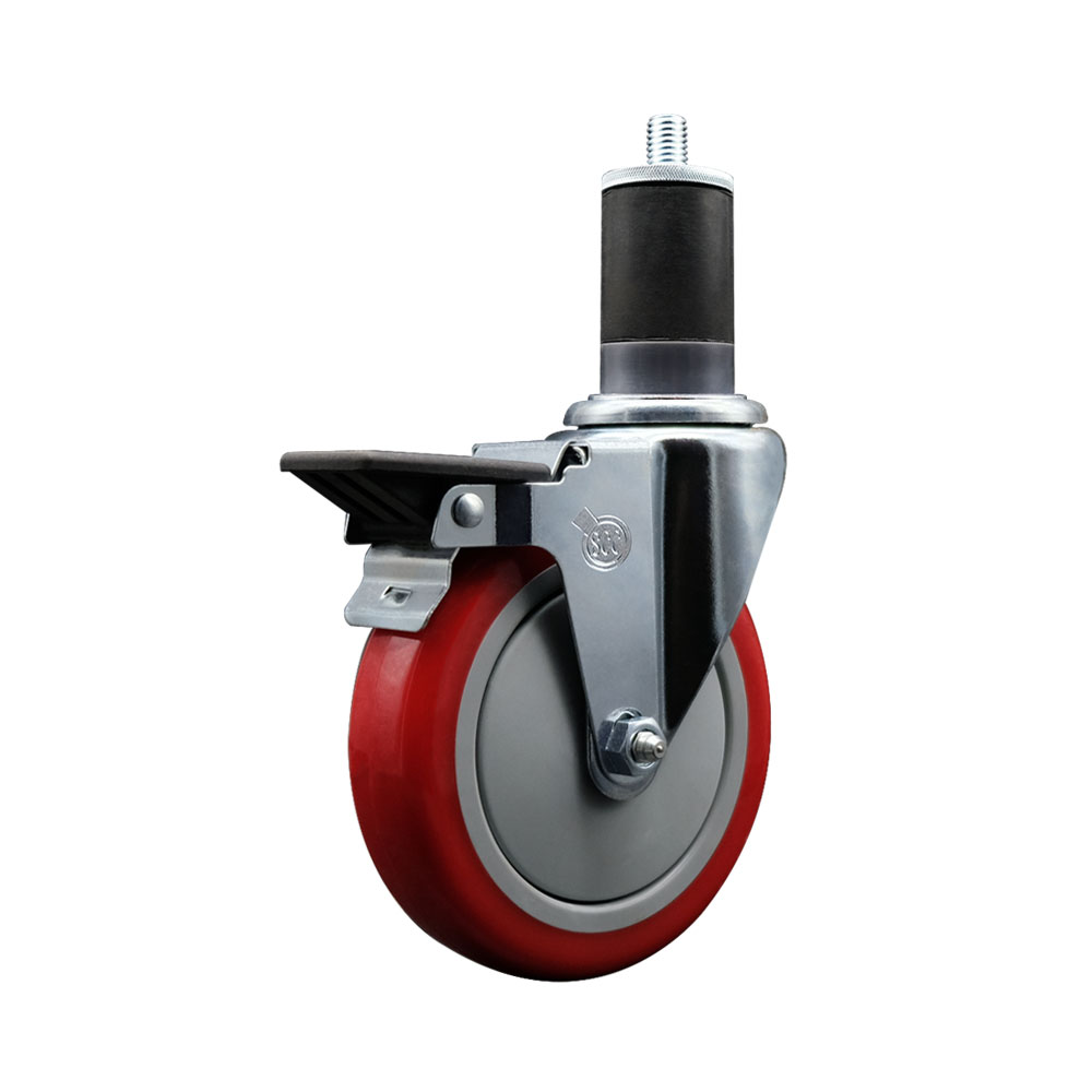 SCC-EX20S514-PPUB-RED-PLB-158 Polyurethane Expanding Stem Swivel Caster with 5 in. Red Wheel & 1.63 in. Stem & Posi Locking Brake