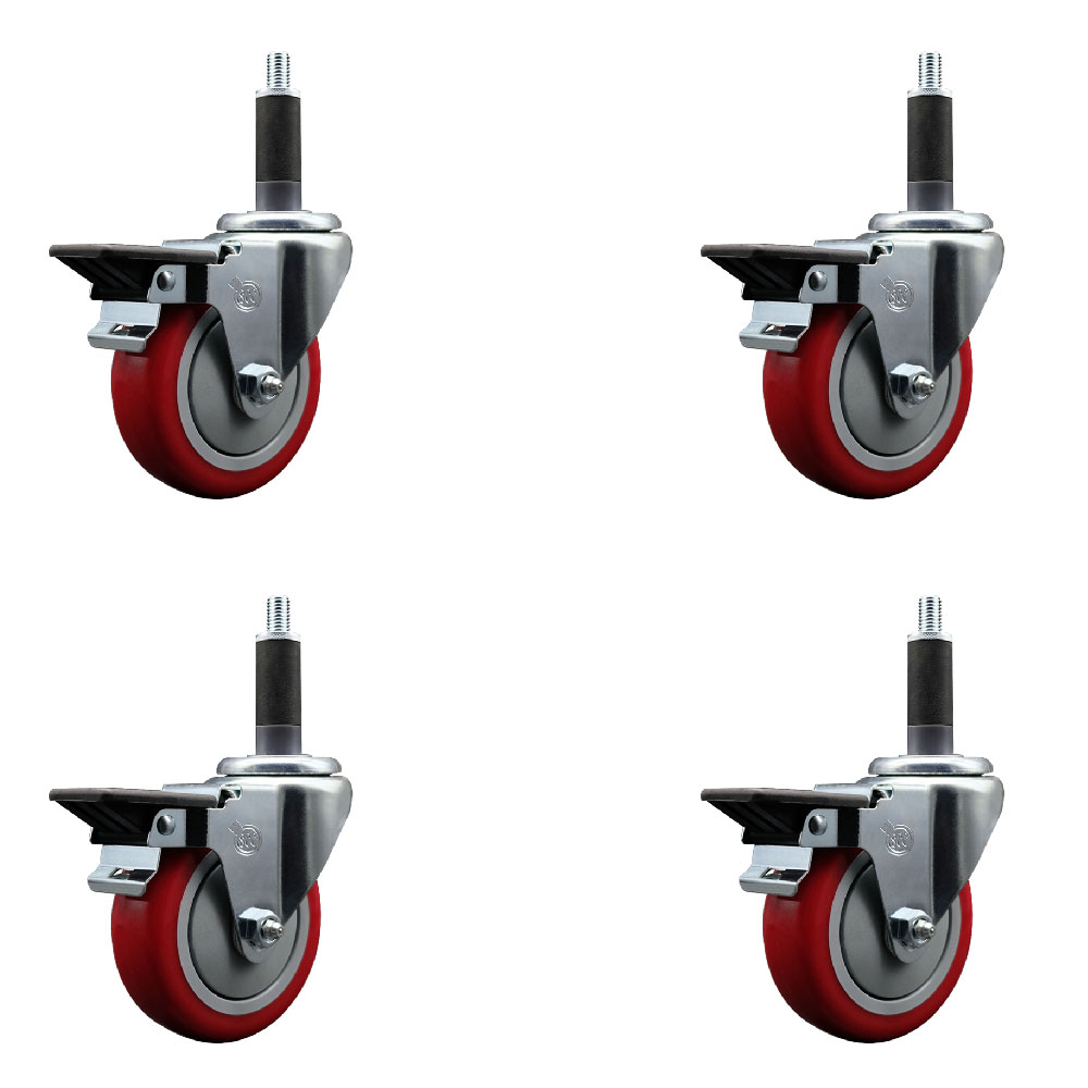 SCC-EX20S414-PPUB-RED-PLB-1-4 Polyurethane Swivel Expanding Stem Caster with 4 in. Red Wheels & 1 in. Stems - Set of 4