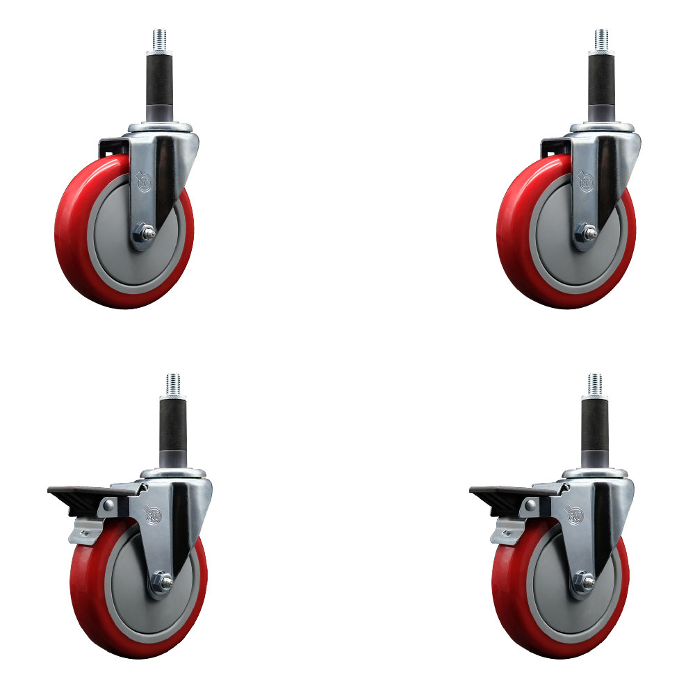 SCC-EX20S514-PPUB-RED-2-PLB-2-1 Polyurethane Swivel Expanding Stem Caster with 5 in. Red Wheels & 1 in. Stems - Set of 4