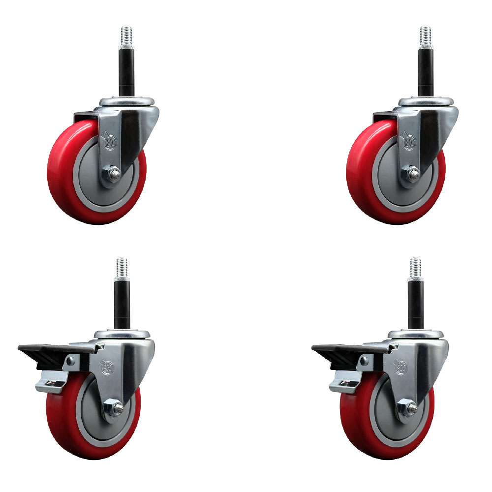 SCC-EX20S414-PPUB-RED-2-PLB-2-34 Polyurethane Swivel Expanding Stem Caster with 4 in. Red Wheels & 0.75 in. Stems - Set of 4
