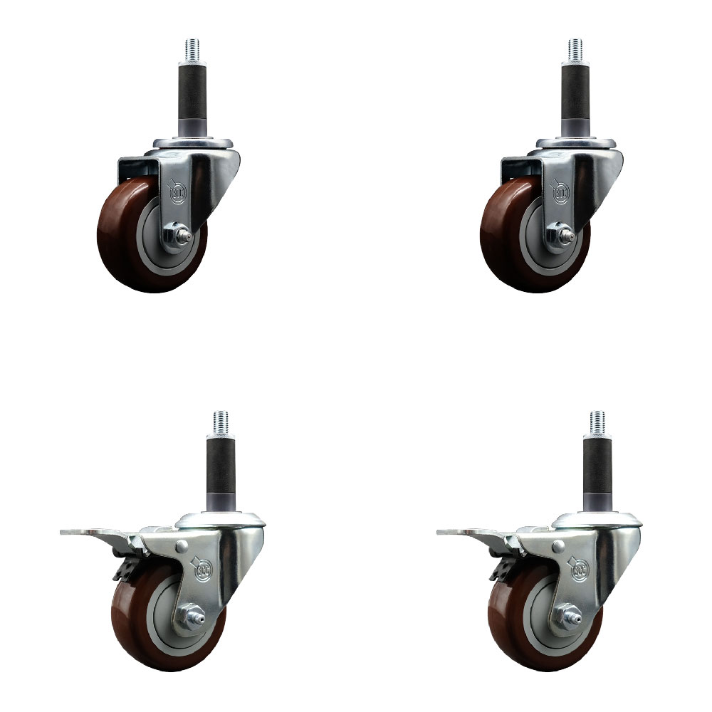 SCC-SSEXTTL20S314-PPUB-MRN-2-S-2-1 Stainless Steel Polyurethane Swivel Expanding Stem Caster with 3 in. Maroon Wheels & 1 in. Stems - Set of 4