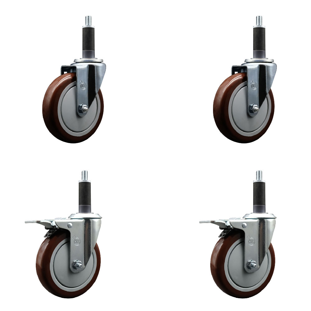 SCC-SSEXTTL20S514-PPUB-MRN-2-S-2-1 Stainless Steel Polyurethane Swivel Expanding Stem Caster with 5 in. Maroon Wheels & 1 in. Stems - Set of 4
