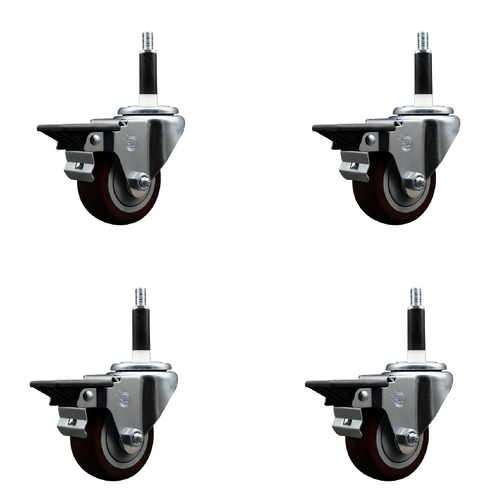 SCC-EX20S314-PPUB-MRN-PLB-34-4 Polyurethane Swivel Expanding Stem Caster with 3 in. Maroon Wheels & 0.75 in. Stems - Set of 4