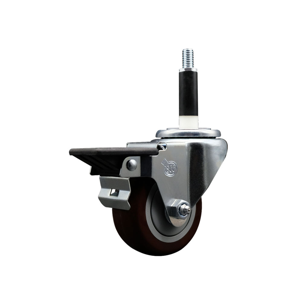SCC-EX20S314-PPUB-MRN-PLB-78 Polyurethane Expanding Stem Swivel Caster with 3 in. Maroon Wheel & 0.87 in. Stem & Posi Locking Brake