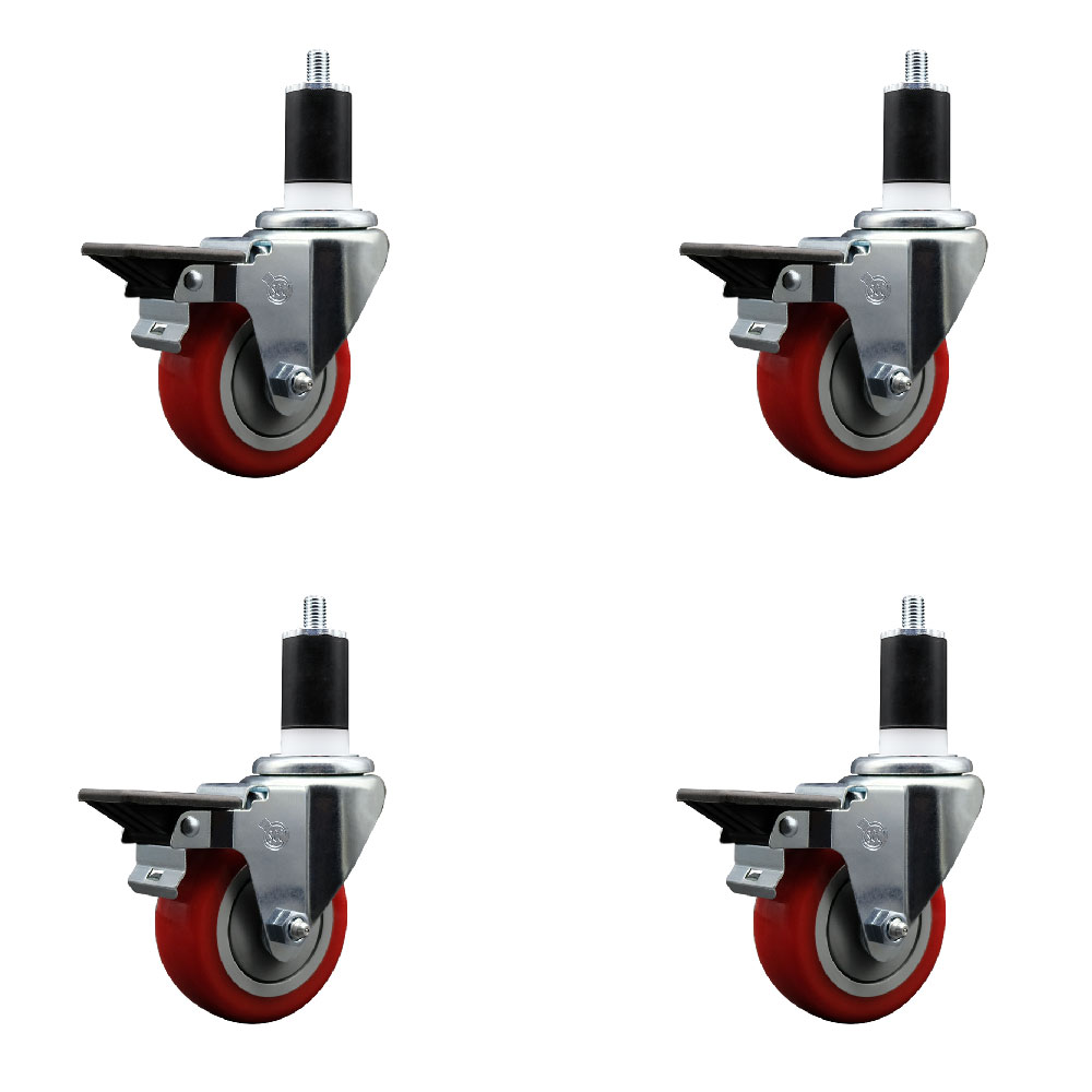 SCC-EX20S3514-PPUB-RED-PLB-112-4 Polyurethane Swivel Expanding Stem Caster with 3.5 in. Red Wheels & 1.5 in. Stems - Set of 4