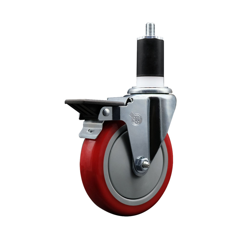 SCC-EX20S514-PPUB-RED-PLB-112 Polyurethane Expanding Stem Swivel Caster with 5 in. Red Wheel & 1.5 in. Stem & Posi Locking Brake