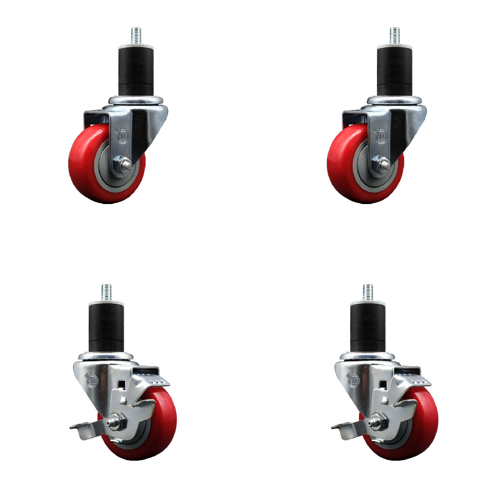 SCC-SSEX20S314-PPUB-RED-2-TLB-2-134 Stainless Steel Polyurethane Swivel Expanding Stem Caster with 3 in. Red Wheels & 1.75 in. Stems - Set of 4