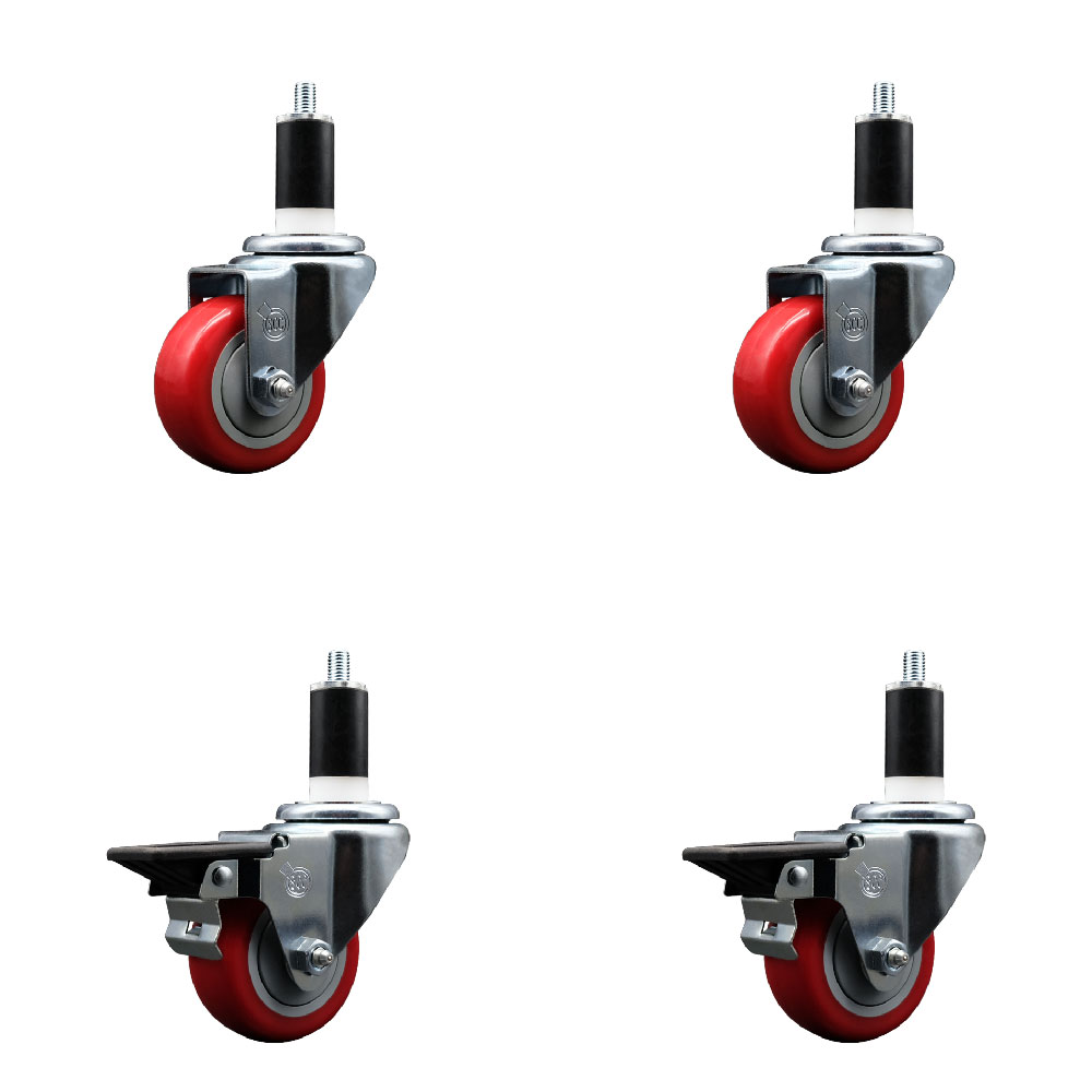 SCC-EX20S314-PPUB-RED-2-PLB-2-138 Polyurethane Swivel Expanding Stem Caster with 3 in. Red Wheels & 1.38 in. Stems - Set of 4
