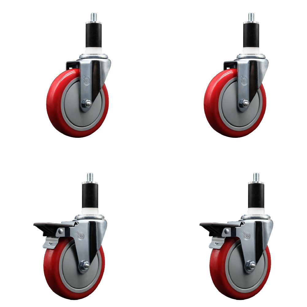 SCC-EX20S514-PPUB-RED-2-PLB-2-138 Polyurethane Swivel Expanding Stem Caster with 5 in. Red Wheels & 1.38 in. Stems - Set of 4