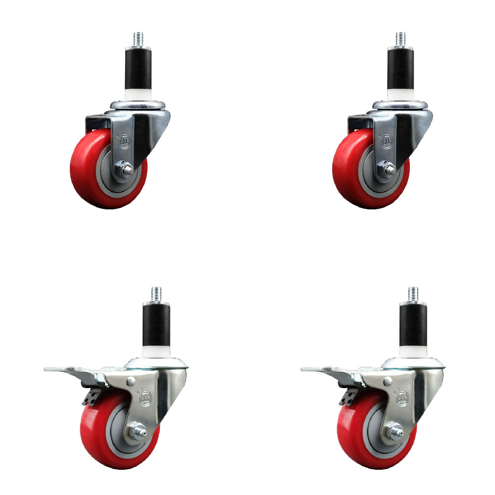 SCC-SSEXTTL20S314-PPUB-RED-2-S-2-138 Stainless Steel Polyurethane Swivel Expanding Stem Caster with 3 in. Red Wheels & 1.38 in. Stems - Set of 4