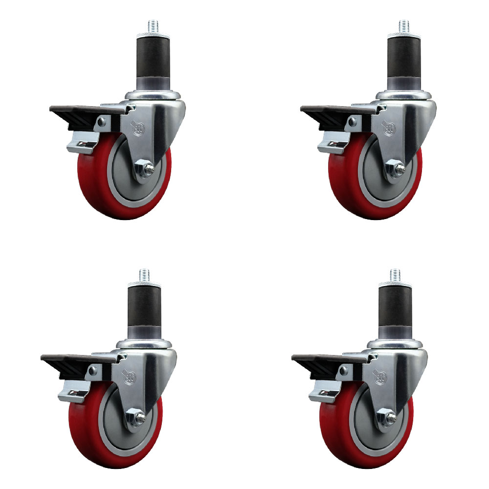 SCC-EX20S414-PPUB-RED-PLB-158-4 Polyurethane Swivel Expanding Stem Caster with 4 in. Red Wheels & 1.63 in. Stems - Set of 4