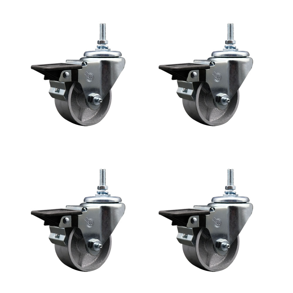 Semi Steel Cast Iron Swivel Threaded Stem Caster with Roller Bearing, 3 x 1.25 in. Silver Wheels & 0.38 in. Stems - Set of 4