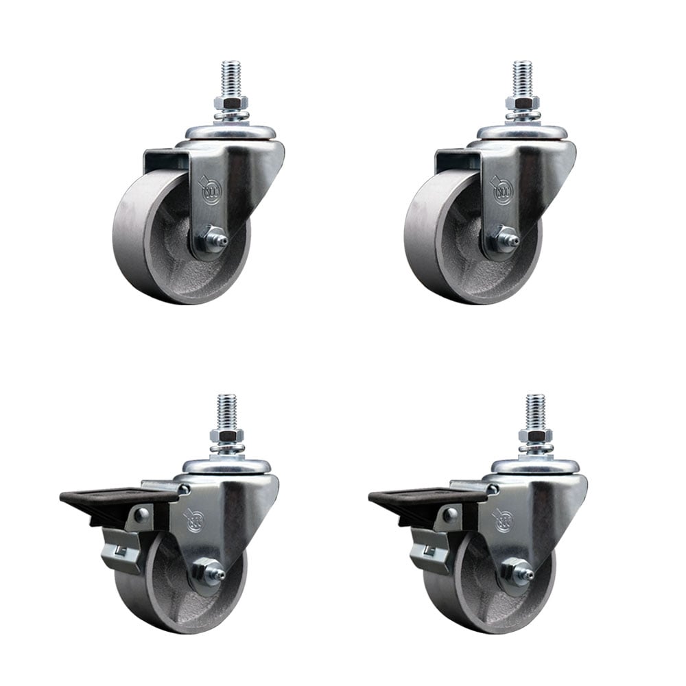 Semi Steel Cast Iron Swivel Threaded Stem Caster with Roller Bearing 3 x 1.25 in. Silver Wheels & 10 mm Stems - Set of 4