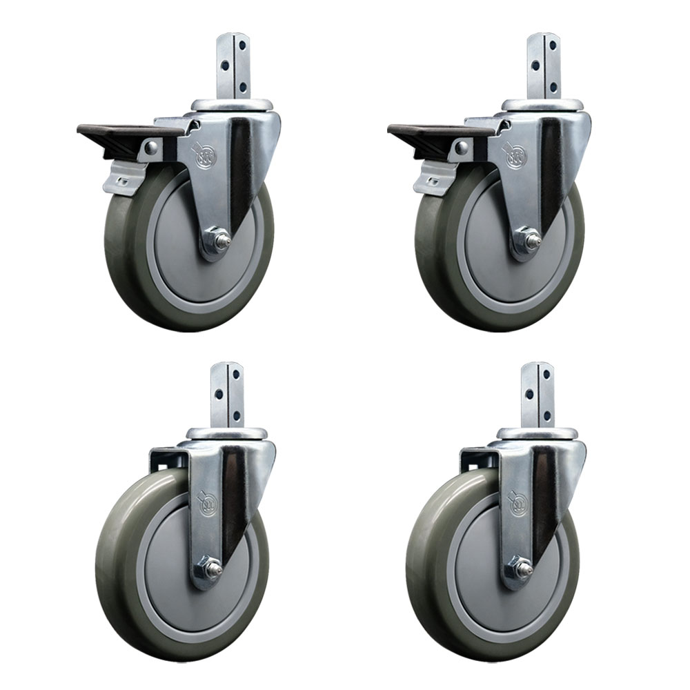 Swivel Square Stem Caster with 5 x 1.25 in. Gray Poly Wheel, 0.75 x 2 in. Square Stem with 3 0.26 in. Diameter Mounting Holes - Set of 4
