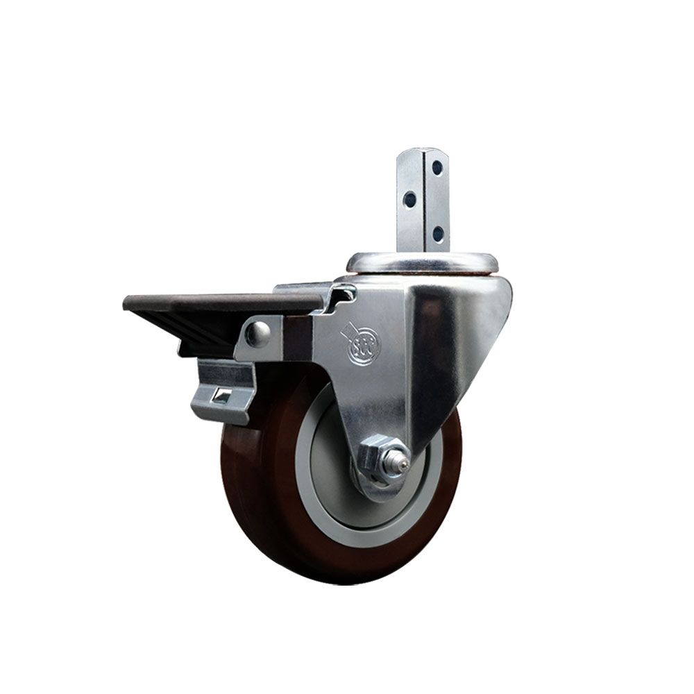 Swivel Square Stem Caster with 3.5 x 1.25 in. Maroon Polyurethane Wheel, 0.75 x 2 in. Square Stem & Posi Lock Brakes