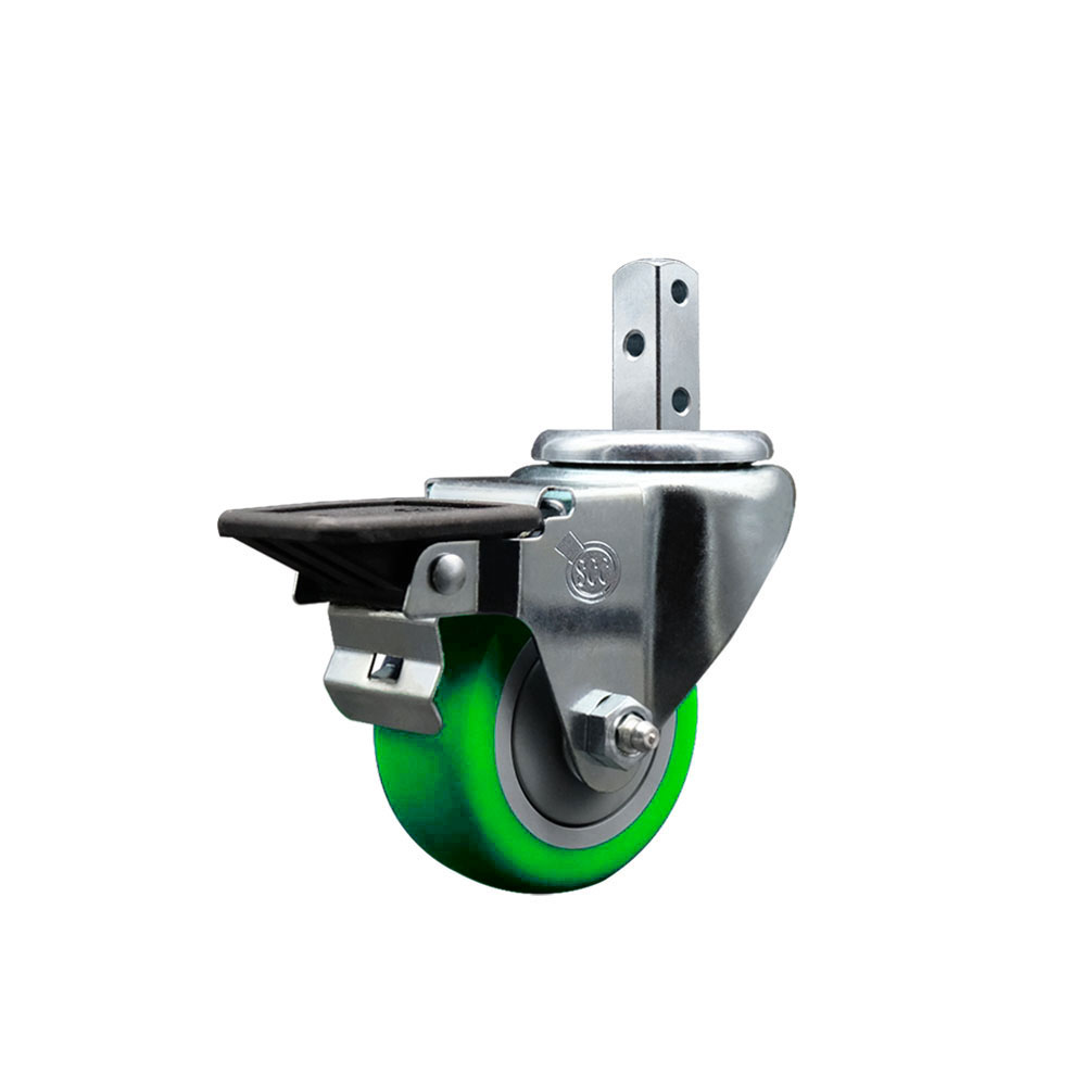 Swivel Square Stem Caster with 3 x 1.25 in. Green Polyurethane Wheel, 0.87 x 2 in. Square Stem & 3 0.26 in. Diameter Mounting Holes
