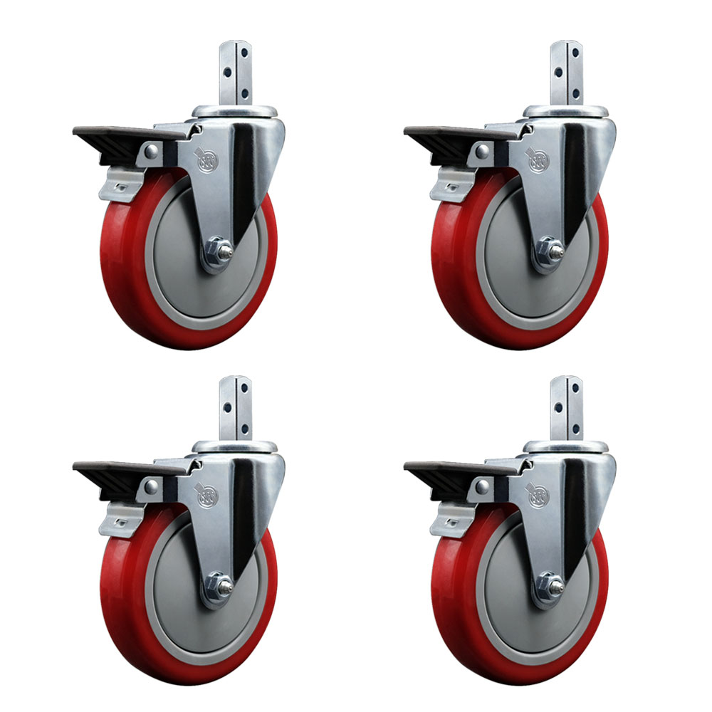 Swivel Square Stem Caster with 5 x 1.25 in. Red Poly Wheel, 0.87 x 2 in. Square Stem with 3 0.26 in. Diameter Mounting Holes - Set of 4