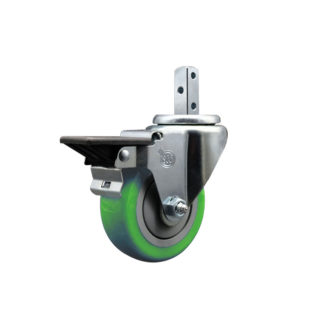 Swivel Square Stem Caster with 3.5 x 1.25 in. Green Polyurethane Wheel, 0.75 x 2 in. Square Stem & 3 0.26 in. Diameter Mounting Holes