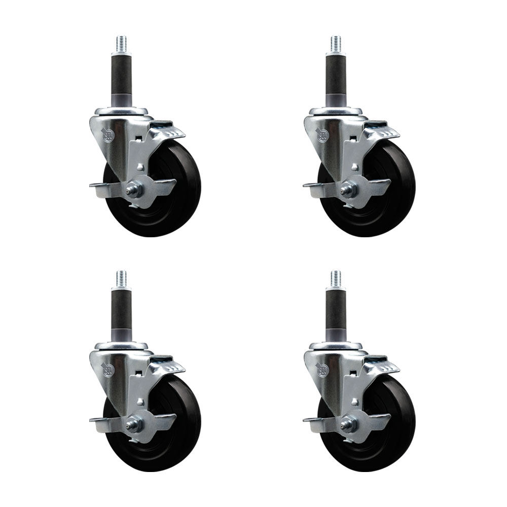 Stainless Steel Soft Rubber Swivel Expanding Stem Caster with 4 in. Black Wheels & 1 in. Stems - 4 Swivel with Top Locking Brakes - Set of 4