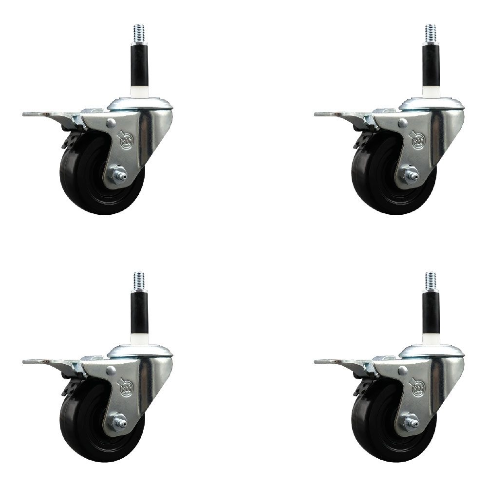 Stainless Steel Soft Rubber Swivel Expanding Stem Caster with 3 in. Black Wheels & 0.87 in. Stems, 4 Swivel with Total Locking Brakes - Set of 4