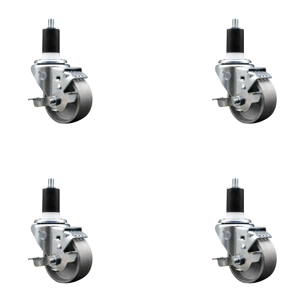 Semi Steel Cast Iron Swivel Expanding Stem Caster with Roller Bearings 3 x 1.5 in. Silver Wheels & 1.5 in. Stems 4 with Top Lock Brakes - Set of 4