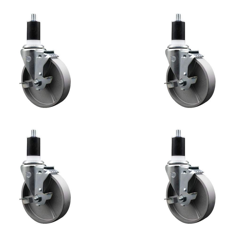Semi Steel Cast Iron Swivel Expanding Stem Caster with Roller Bearings 5 x 1.5 in. Silver Wheels & 1.5 in. Stems 4 with Top Lock Brakes - Set of 4