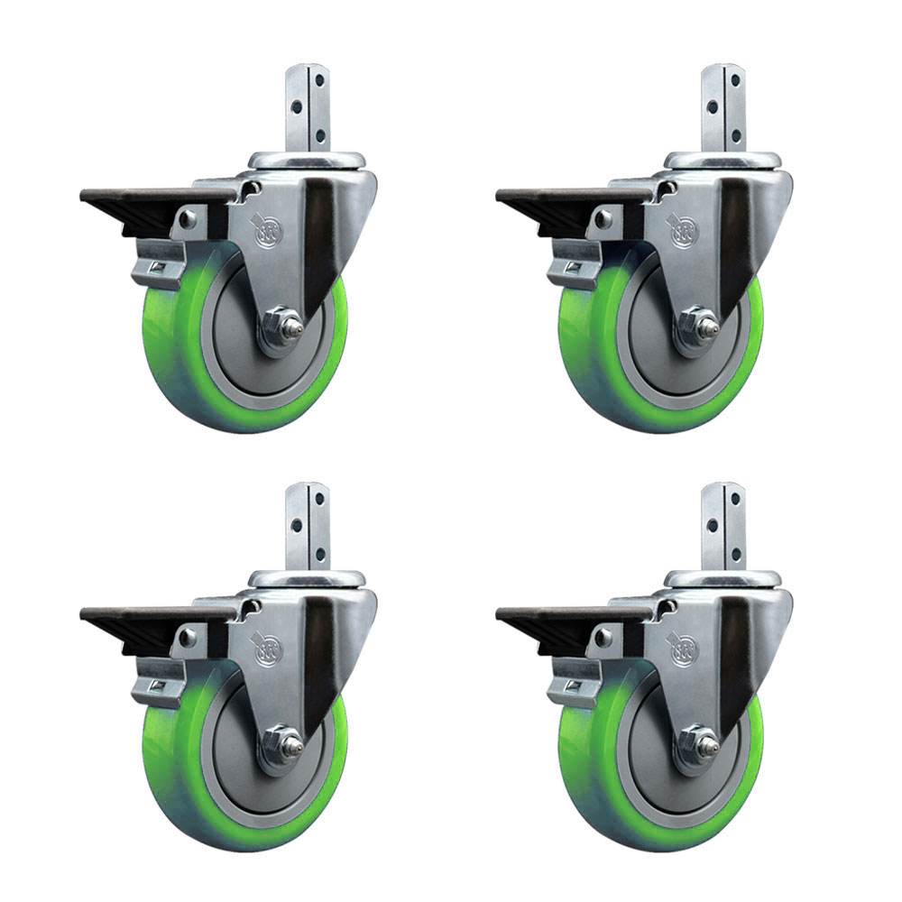 Swivel Square Stem Caster with 4 x 1.25 in. Green Poly Wheel, 0.87 x 2 in. Square Stem with 3 0.26 in. Diameter Mounting Holes - Set of 4