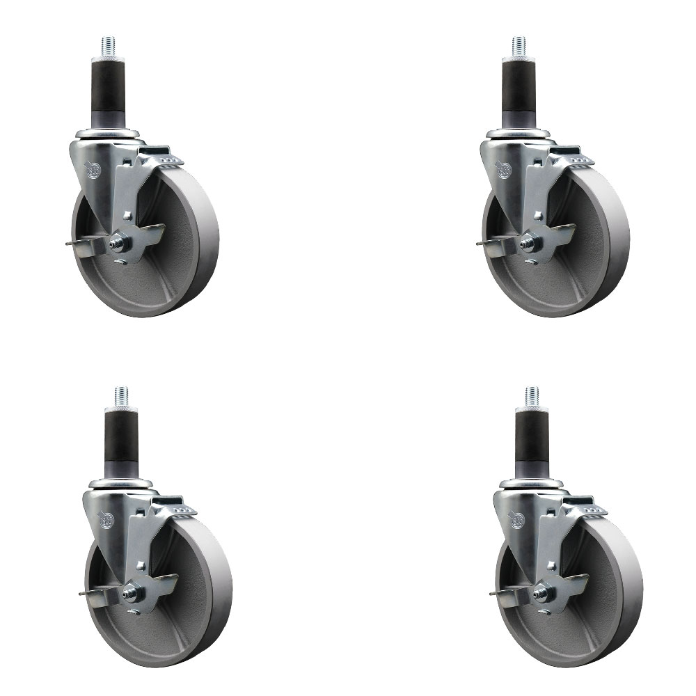 Semi Steel Cast Iron Swivel Expanding Stem Caster with Roller Bearings 5 x 1.5 in. Silver Wheels & 1.25 in. Stems 4 with Top Lock Brakes - Set of 4