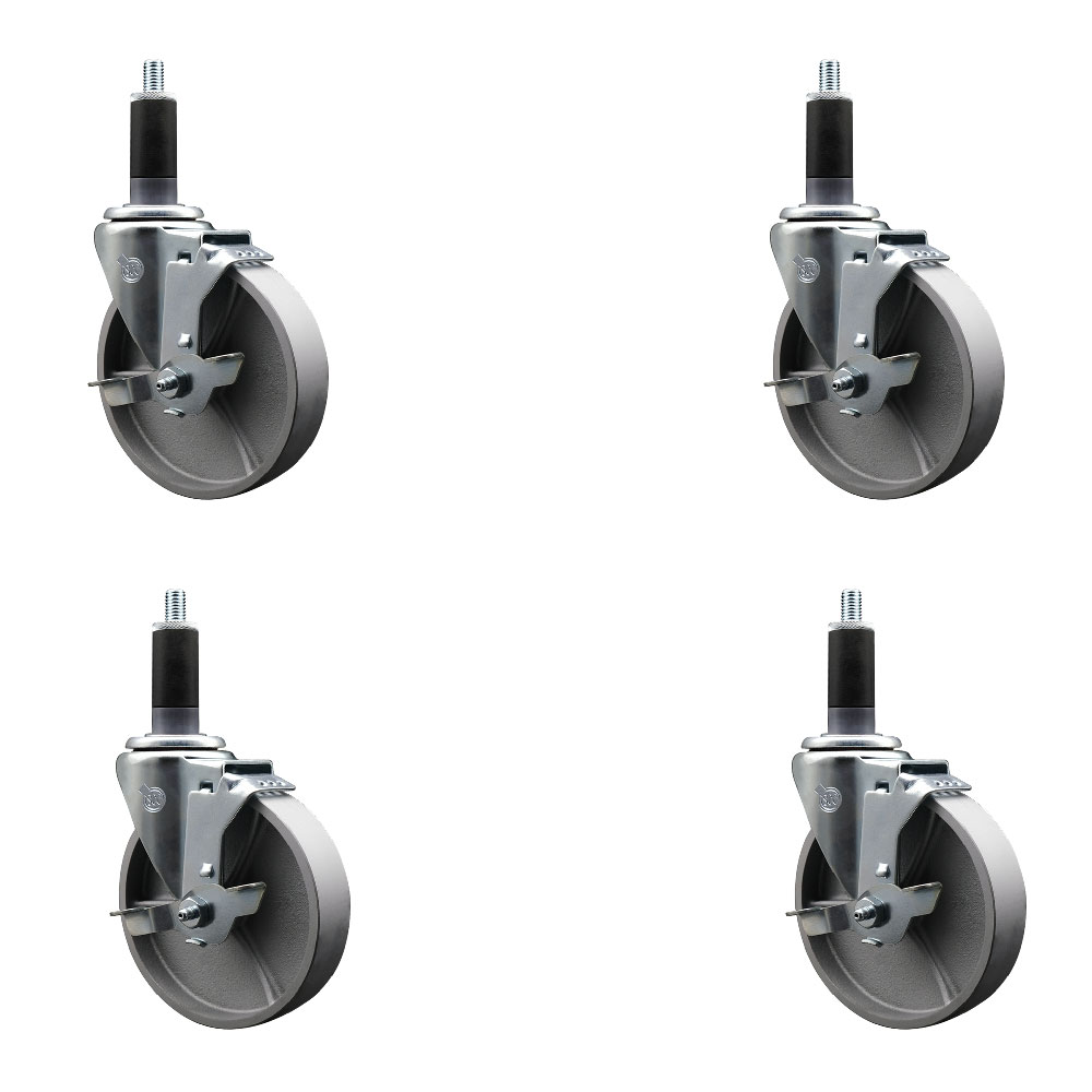 Semi Steel Cast Iron Swivel Expanding Stem Caster with Roller Bearings 5 x 1.5 in. Silver Wheels & 1.13 in. Stems 4 with Top Lock Brakes - Set of 4