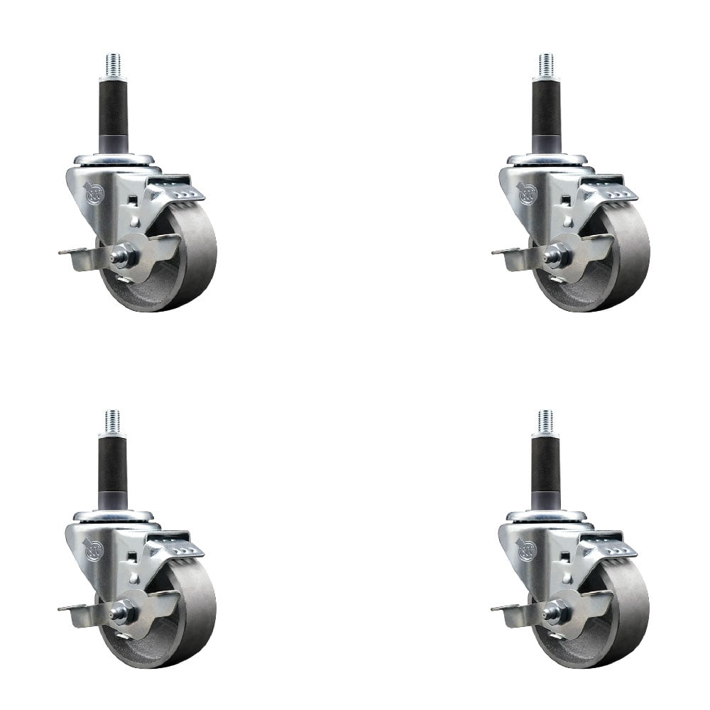 Semi Steel Cast Iron Swivel Expanding Stem Caster with Roller Bearings 3 x 1.5 in. Silver Wheels & 1 in. Stems 4 with Top Lock Brakes - Set of 4