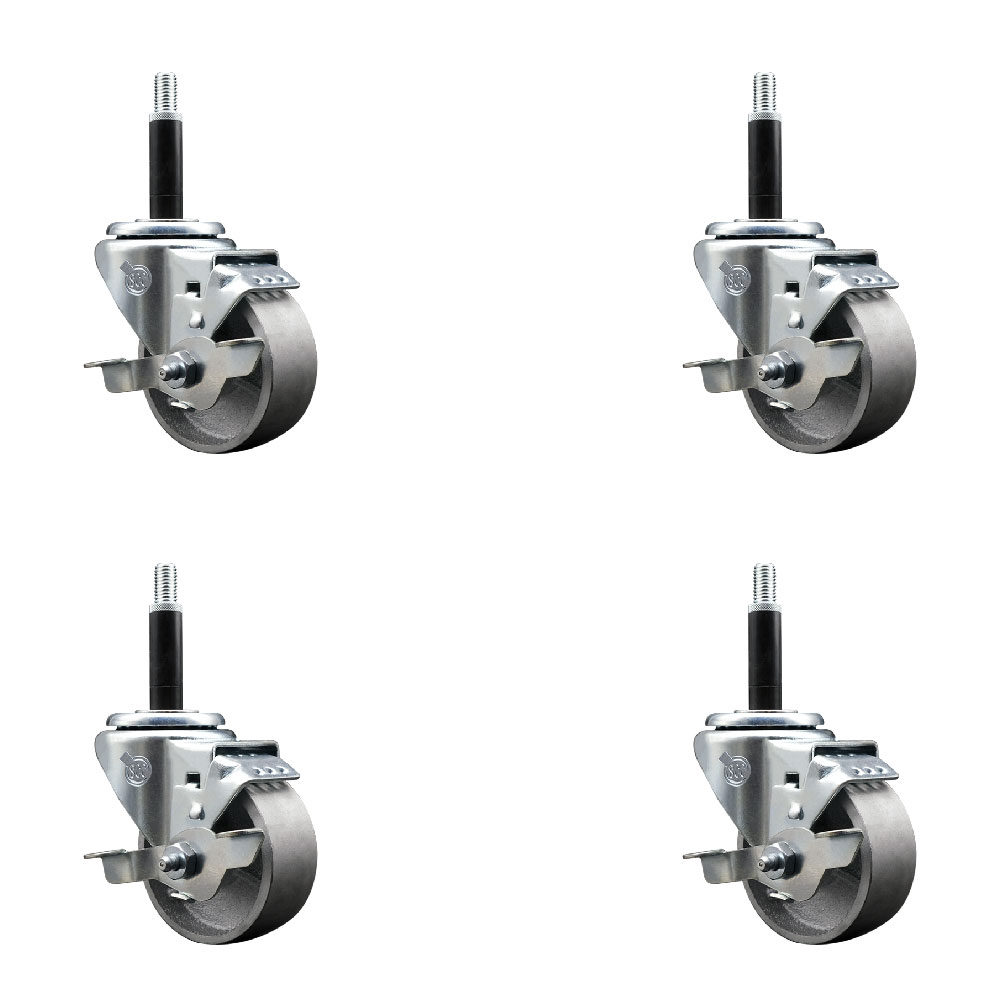 Semi Steel Cast Iron Swivel Expanding Stem Caster with Roller Bearings 3 x 1.5 in. Silver Wheels & 0.75 in. Stems 4 with Top Lock Brakes - Set of 4