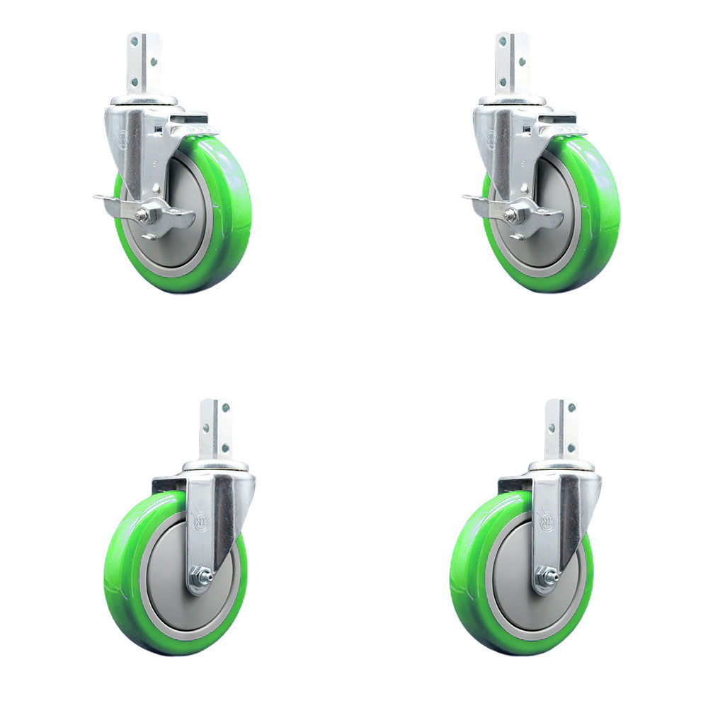 Swivel Square Stem Caster with 5 x 1.25 in. Green Poly Wheel, 0.75 x 2 in. Square Stem with 3 0.26 in. Diameter Mounting Holes - Set of 4